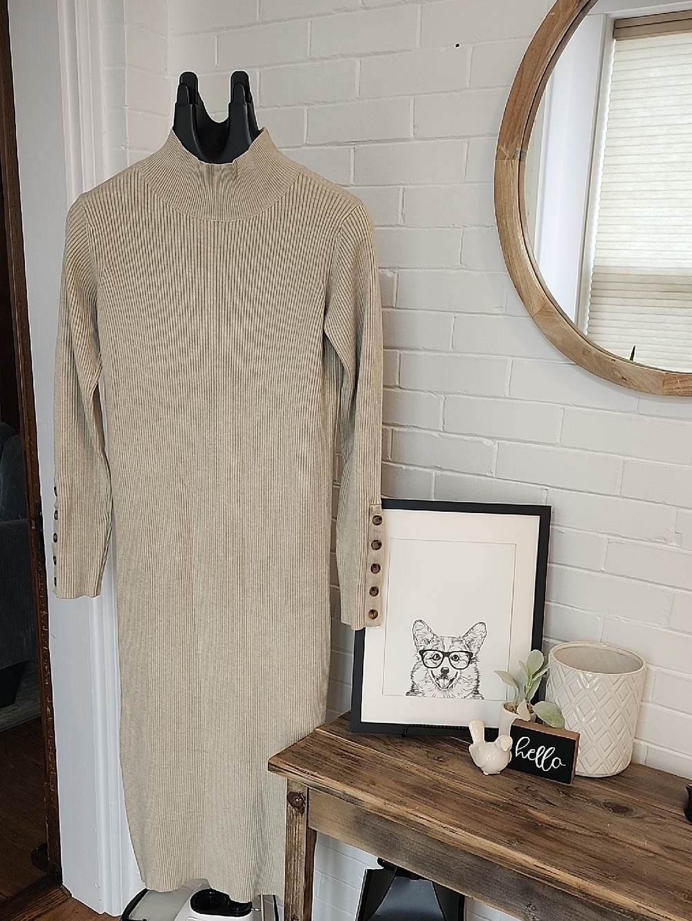 Ribbed Mock Neck Beige Knit Dress, Small